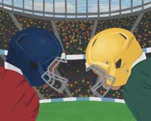 two cartoon football players facing each other head on in a stadium