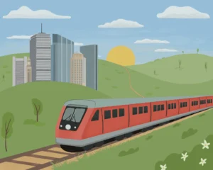 a cartoon of a train running through rolling green hills with the Boston skyline in the distance