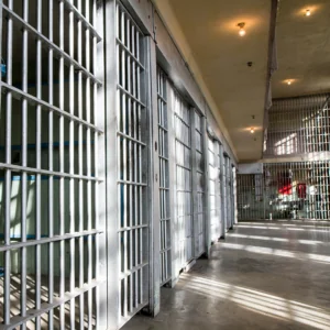 The inside of a jail, showing a row of prison cells on the left and straight ahead