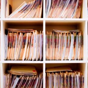 Folders of patient information in cubby shelves