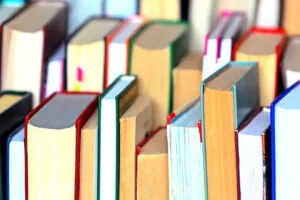 Multitude of books standing in several rows. Solid background of books in close-up. The concept of education and reading literature.